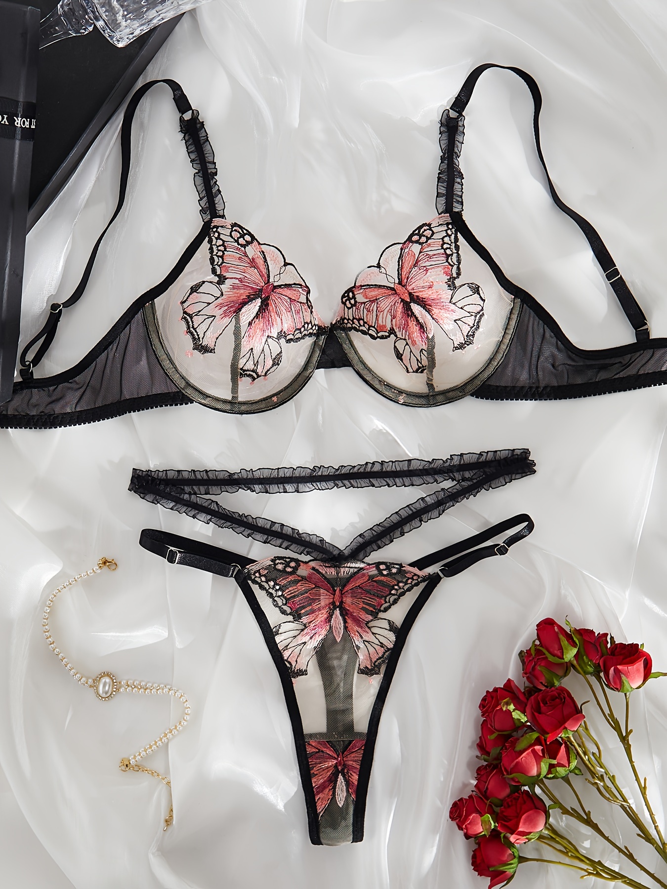 Women's Sexy Butterfly Embroidery Lingerie Set Hollow Lace - Temu