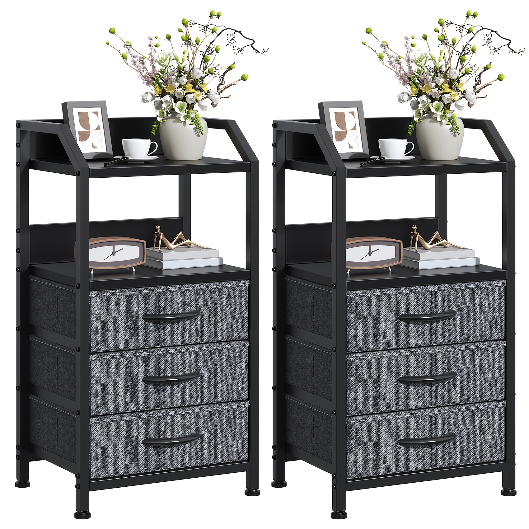 TEMU Set Of 2 End Tables With 3 Fabric Drawers And 2 Open Shelves, 2pcs Wooden And Metal Bedside Tables, Nightstands With Storage For Bedroom, Living