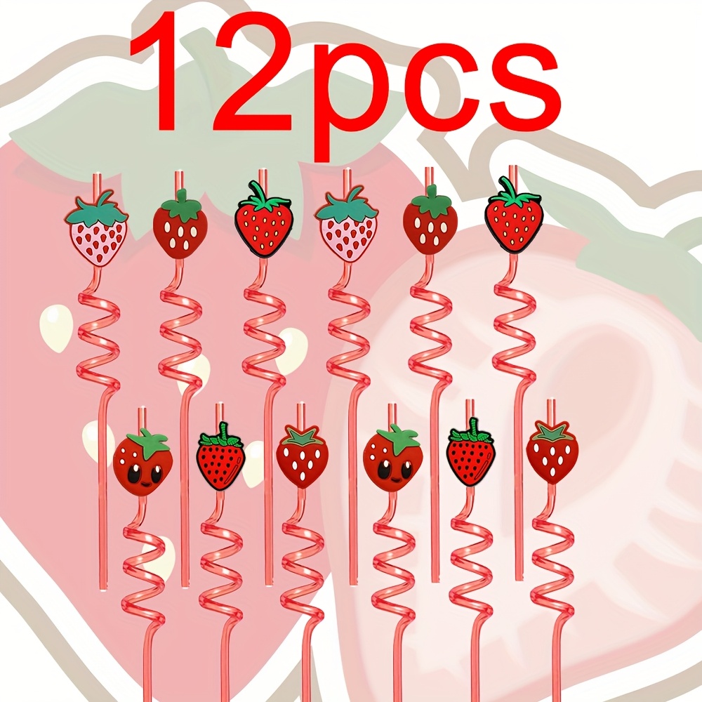 E-shop 12er-Pack Cartoon-Erdbeer-Trinkhalme für Barpartys, PETG-Trinkhalme mit niedlichem, kreativem, gebogenem Design, wiederverwendbare spiralförmige