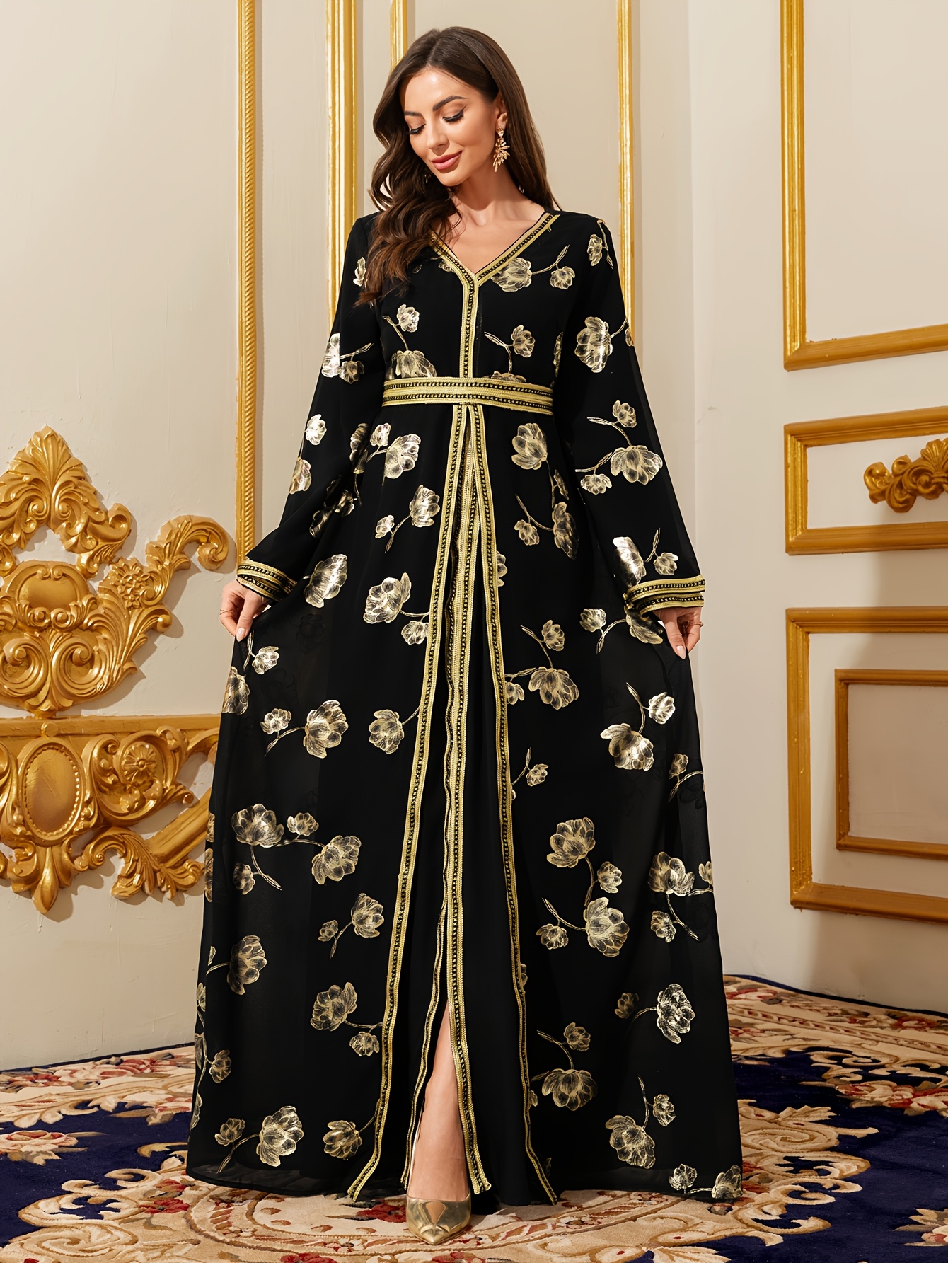 muslim ramadan dress black golden floral maxi dress women v - Temu Bahrain