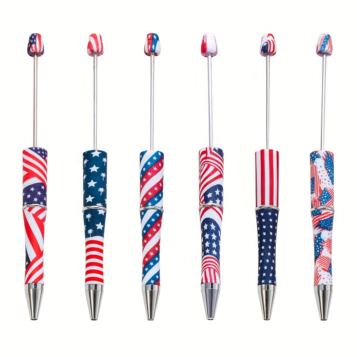 

6pcs American Flag Plastic Beadable Pens, American Flag Printed Beads For Diy Bead Pens Making Aesthetic School Supplies For Bead Ballpoint Pens