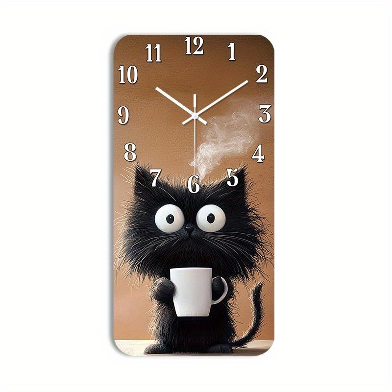 TEMU 1pc Silent Wall Clock Non-ticking Wooden, Decorative Rectangular Clock Hd Glossy Lamination Finish Cute Black Cat With Coffee Cup Design For