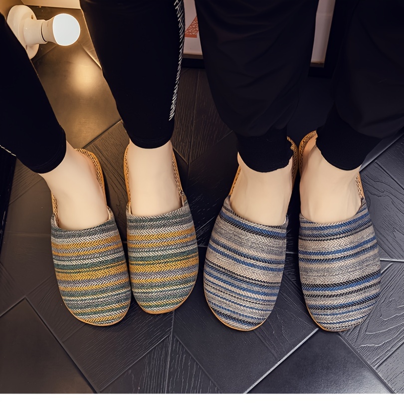 Women's Japanese Style Breathable Slippers, Bohemian Striped Indoor Slides, Lightweight Non-Slip Soft Sole, Hand Wash or Dry Clean, All-Season Fabric Upper and Liner, EVA Sole, Home Footwear