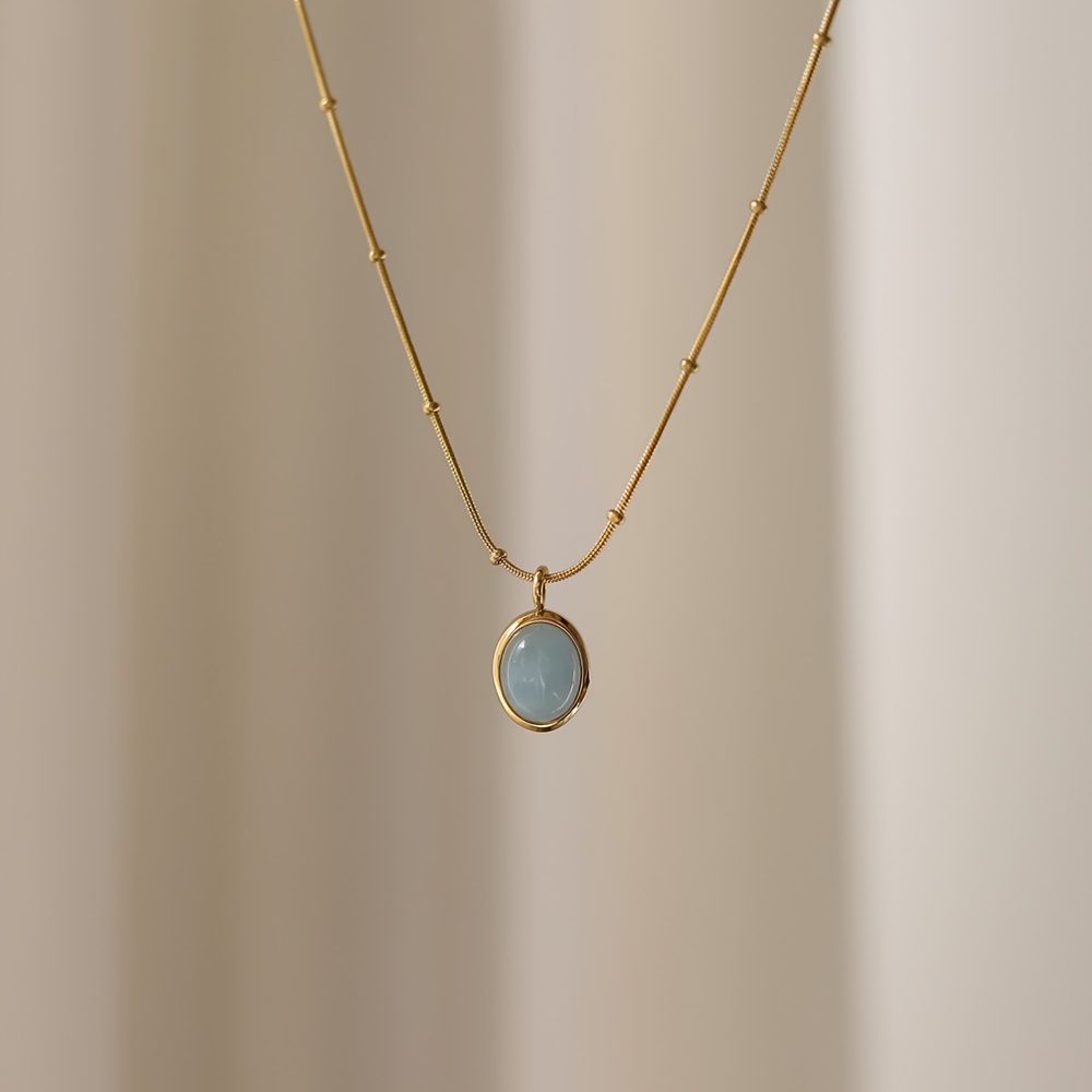 TEMU Collier chaîne de clavicule ovale en aigue-marine bleu océan étoilé, plaqué acier inoxydable, pour micro-commerce en direct