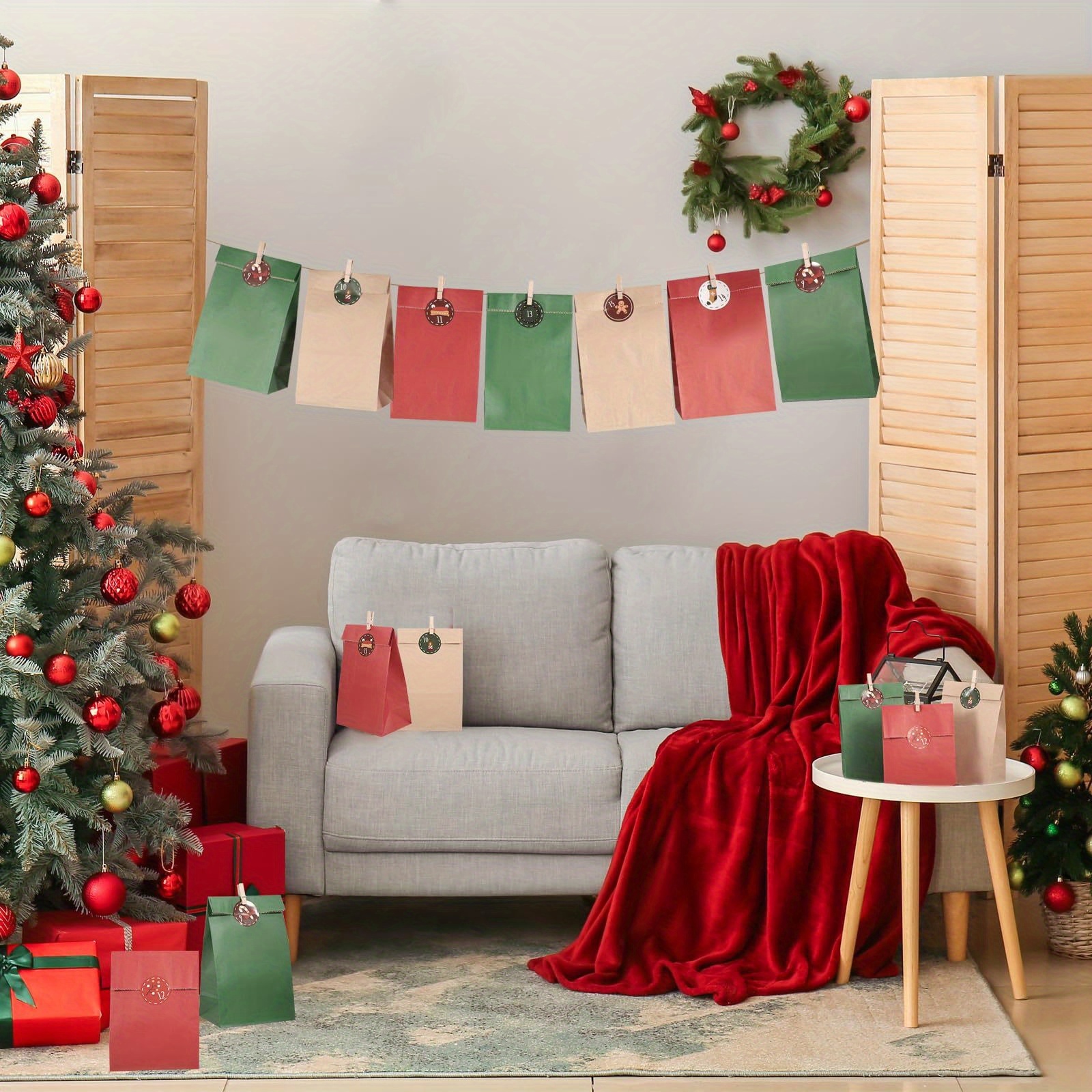 Image of Pack Of 24 Paper Bags, 13 X 24 X 8cm Advent Calendar For Filling, Gift Bags, Paper Party Bags, Advent Bags With Christmas Stickers, Wooden Clips, Hemp Rope For Party, Christmas Decoration