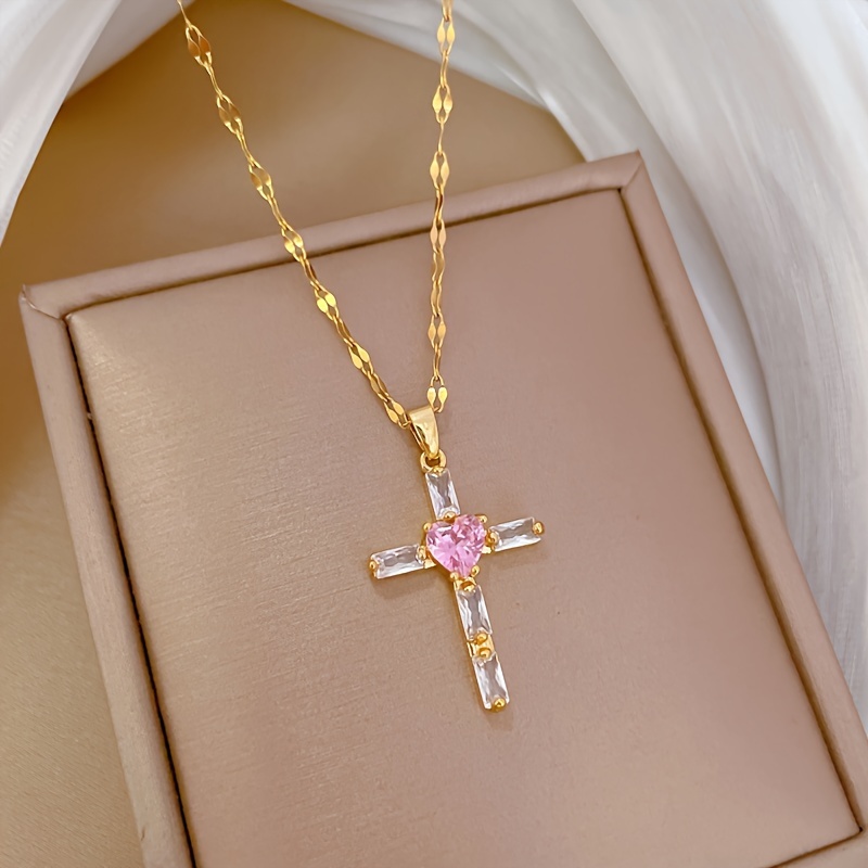 Stainless Steel Luxury Pink Heart Zirconia Cross Pendant Necklace Suitable For Women To Holiday Jewelry Gifts