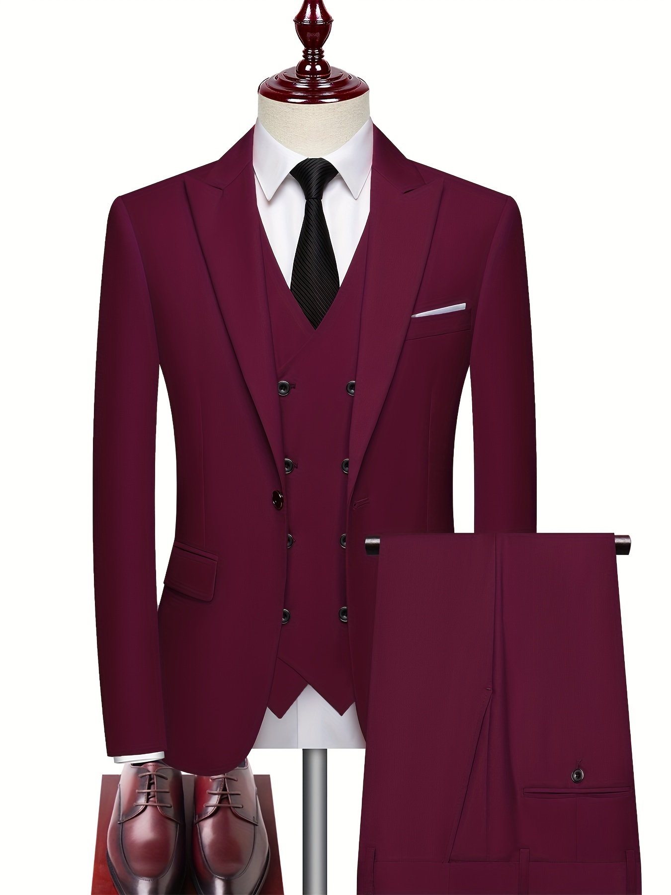 3pcs Men's Slim Fit Red Blazer Set - Elegant Business Casual Suit with Double-Breasted Jacket, Matching Pants & Vest, Elastic Waistcoat, Polyester - Perfect for Formal or Semi-Formal Occasions