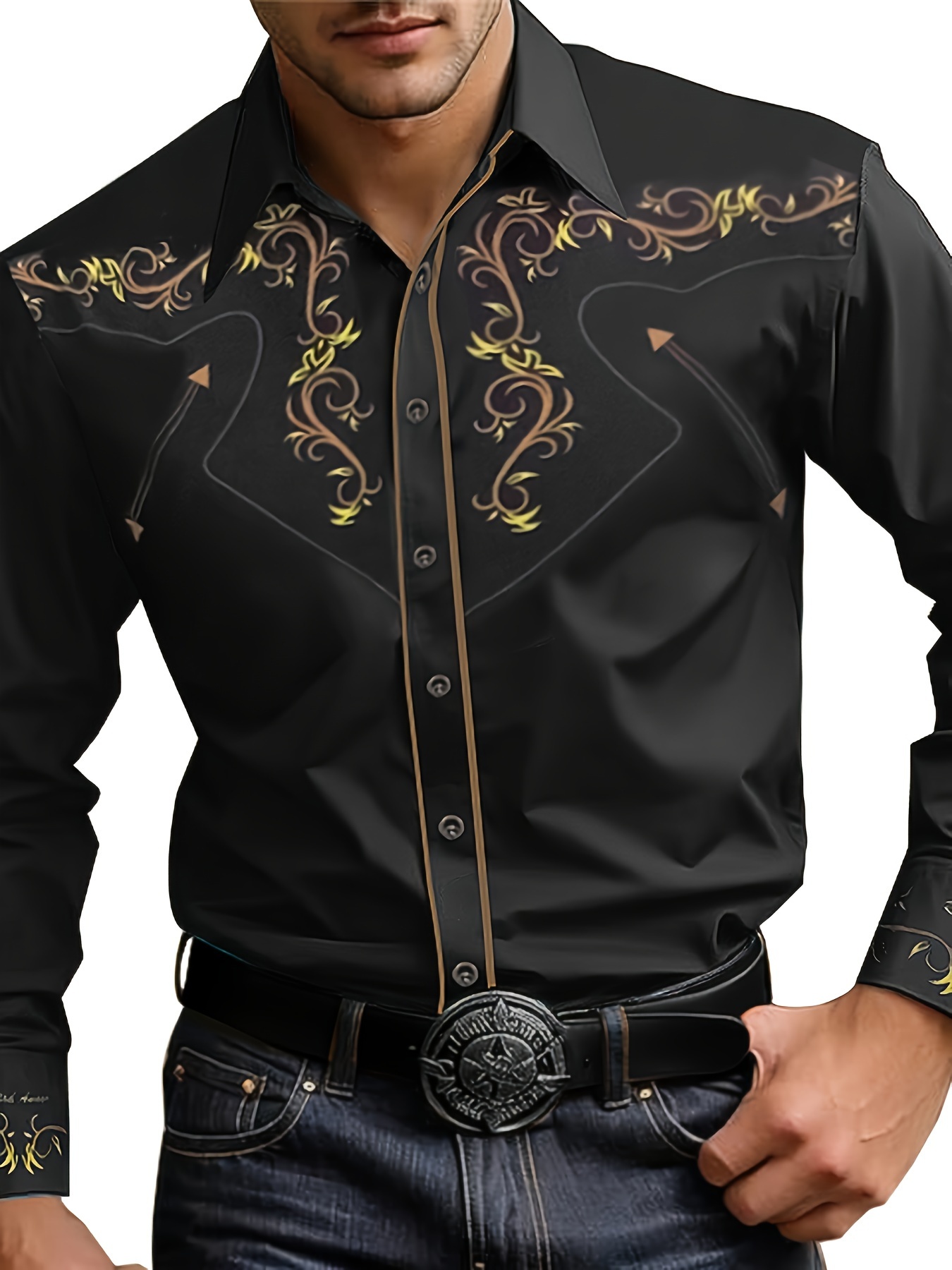 Outfit Camisa Negra Camisas Vaqueras Camisas Cool Para Hombre Long Sleeve  Embroidered Denim Shirt Western Shirt –, image size:800x1067