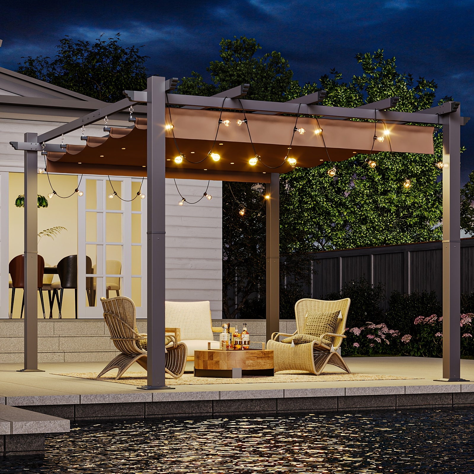 

10'x12' Outdoor Pergola With Adjustable Roof, Metal Patio In Brown Shade Cover For Backyard, Garden, And Deck