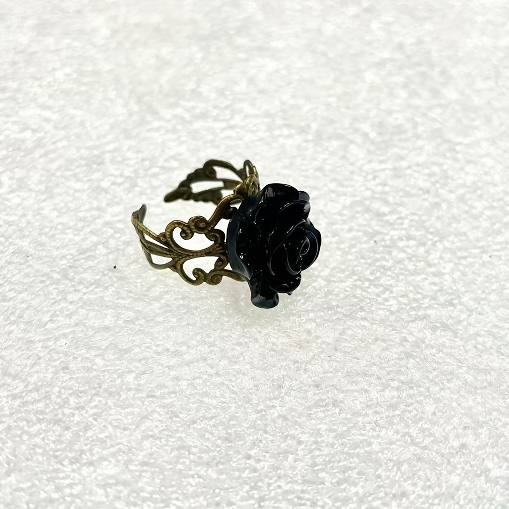 TEMU 1pc, Vintage Jewelry Wholesale Hot Selling Promotion Bronze Alloy Gothic Black Rhinestone Rose Rings For Women