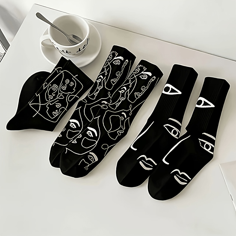 TEMU 3-pair Suitable For & Boneless Seam Abstract Line Art Socks - Mid-calf Athletic Couple Socks, Soft Comfortable Machine Washable Streetwear With