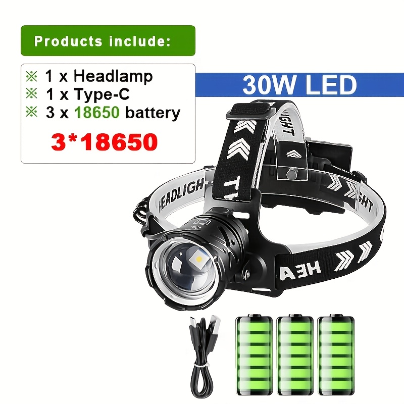30w Rechargeable Headlamp, Flashlight, High-brightness Led Headlight For And Emergencies, Emergency Lighting, Fishing Gear, Lighting, Adjustable Focus Beam, Durable Construction, Output