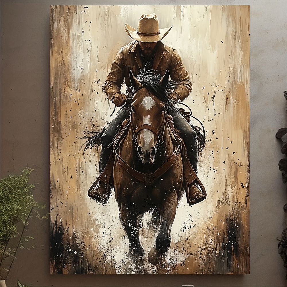 TEMU 1pc Framed 12x16" Cowboy Canvas Art - Dynamic Wild West Scene With Of Dust, Rustic Wooden Frame, Perfect For Western-themed Decor, Western Home