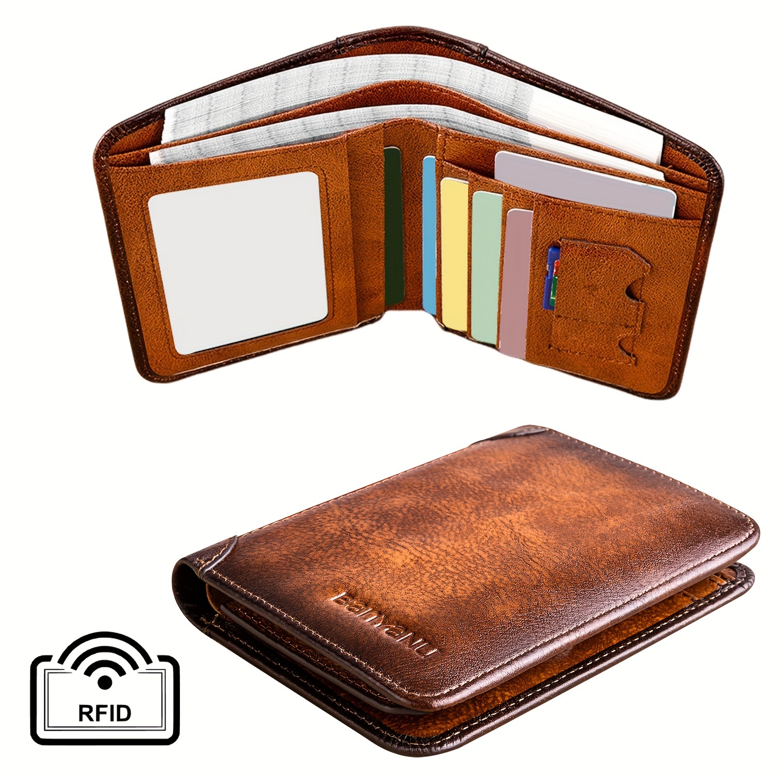 

1pc Bifold Handmade Rfid Blocking Men', Retro Genuine Leather Large Capacity -card Slots Credit Card Holder Purse With Id Windows And Slots, Perfect Gift For Christmas Day