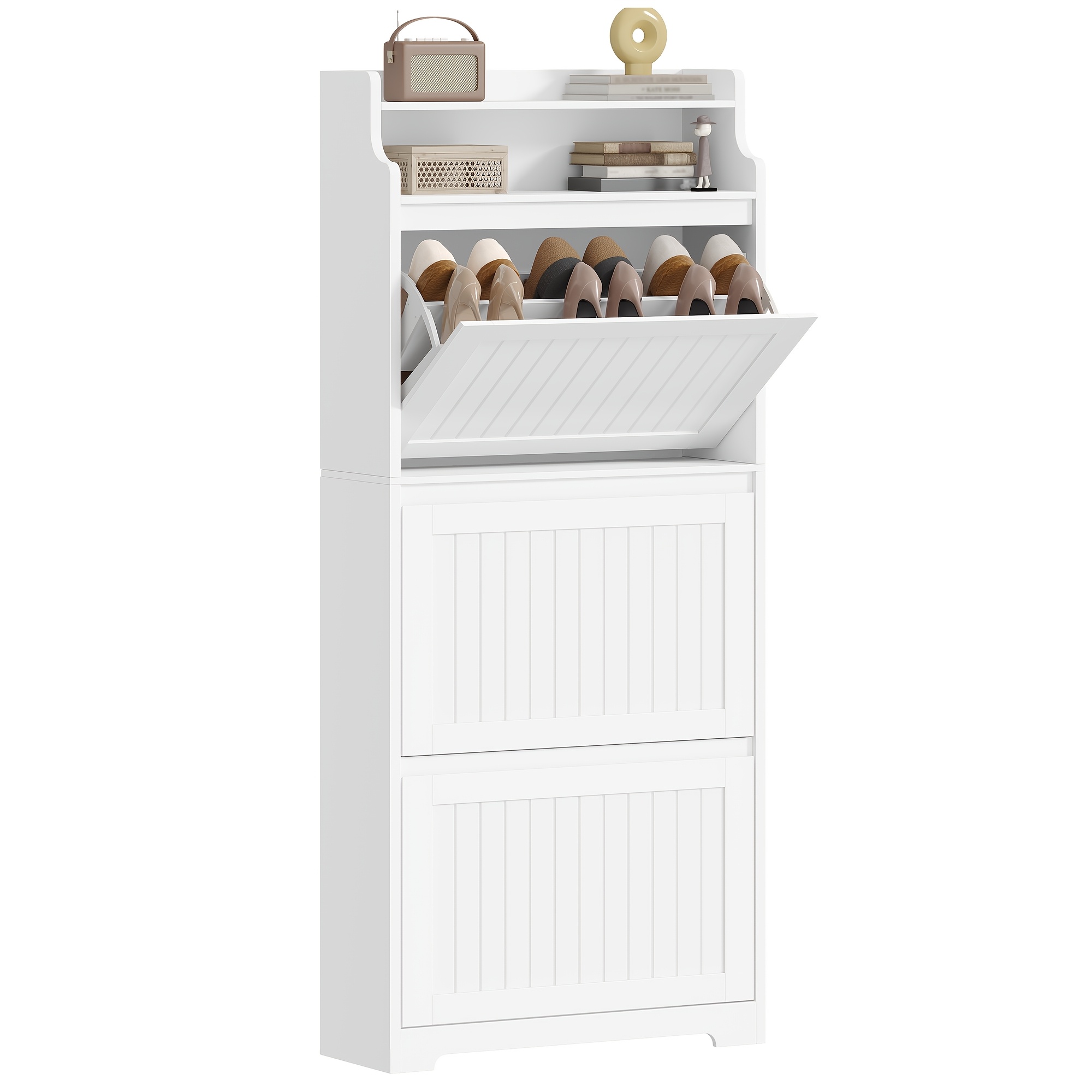 Image of Shoe Cabinet With 3 Doors, Shoe Rack, Shoe Cabinet, Narrow, 3 Compartments, Adjustable, Holds 16 Pairs Of Shoes, Shoe Storage For Entrance, Hallway, Wardrobe, 60 X 24 X 160.5cm, White