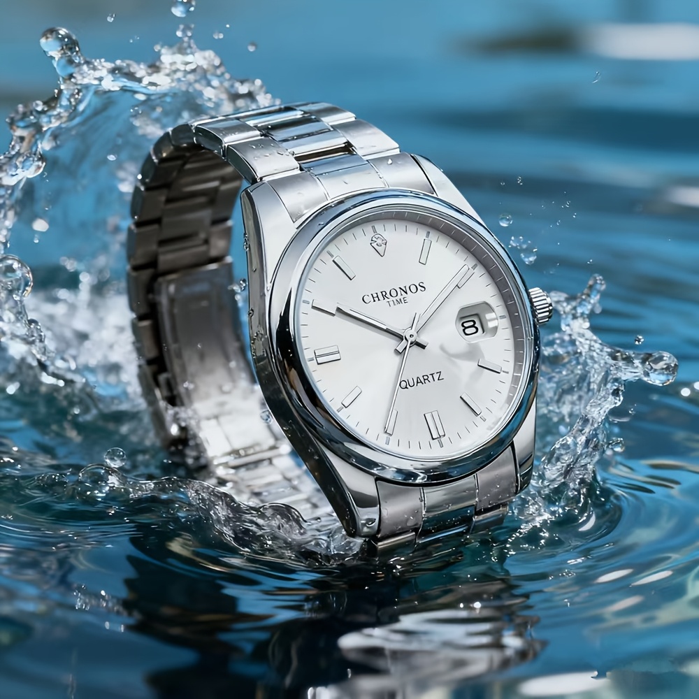 CHRONOS Herenmode Sport Horloge met Roestvrijstalen Band, Kalender, Nachtlampje en Waterdichte Functie. Geschikt voor Zakelijk en Werkplegingsgebruik, evenals voor Dagelijkse Uitstapjes, Werk en Reizen. Een Geweldig Horloge om aan een Mannelijke Vriend te Geven.