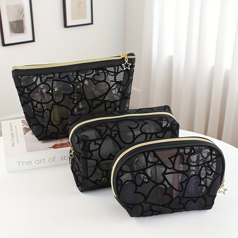 3pcs Cosmetic Bag Set, Black Heart Pattern, Mesh Transparent Makeup Bag, Storage Bag Toiletry Bag