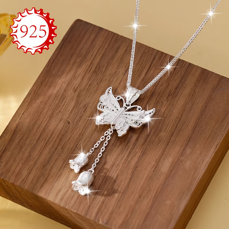 TEMU Elegant 925 Sterling Silver Lily Tassel Pendant Necklace With A Sexy Floral Theme, Suitable For Daily Holidays, Festivals, And , A Gift For Women
