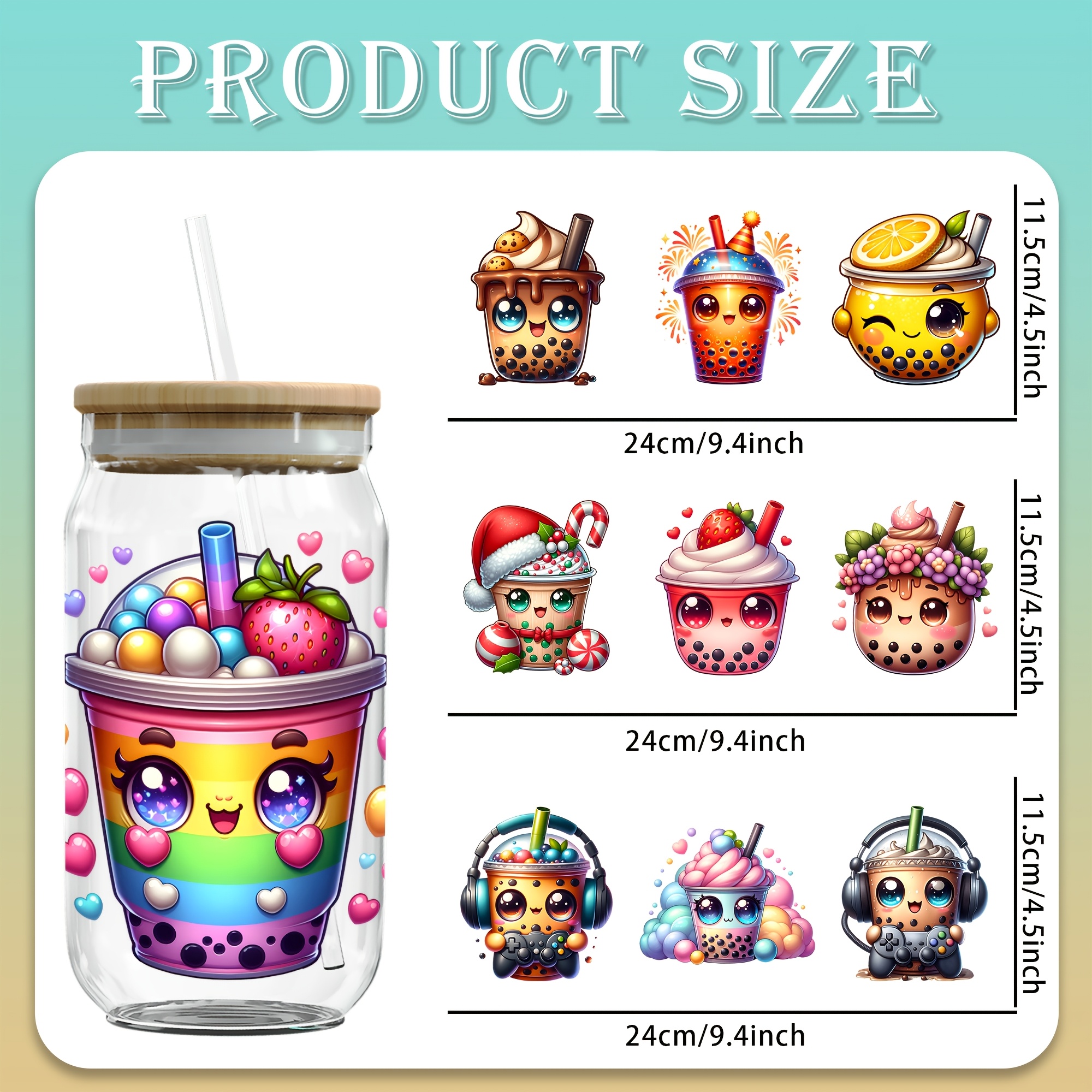TEMU Lot de 5 pièces - Papier transfert UV DTF autocollant décoratif pour tasses - Motif thé cartoon - Décoration DIY pour gobelets beige