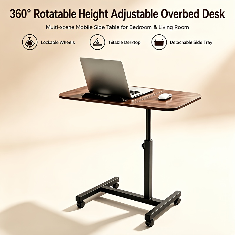 TEMU 360° Rotatable Height Adjustable Desk With Tiltable Top And Universal Rolling Wheels. Multi-scene Table For Bedroom, Study, And Living Room.