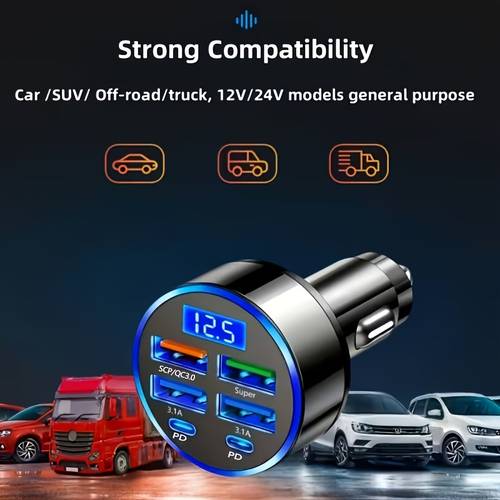 6 in 1 car charger 66w fast charging mobile phone charger 4 port usb 2 port type c car charger universal for all models car charger