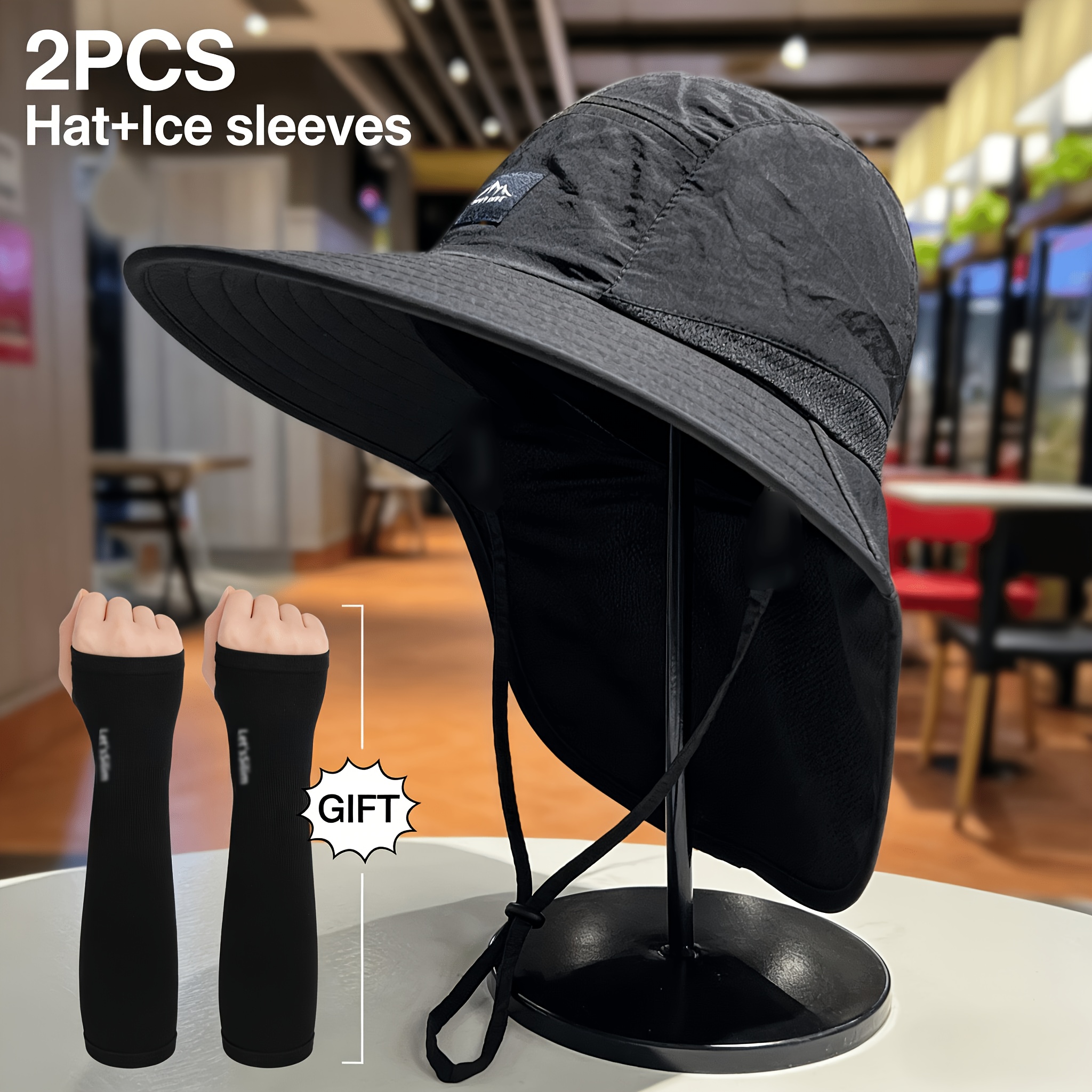 TEMU 2pcs Set: Wide Brim Hat + Slim Sleeves / Unisex Style, Integrated Extended Neck For Full Coverage Of Head, Neck, And Back Of Neck. Suitable For