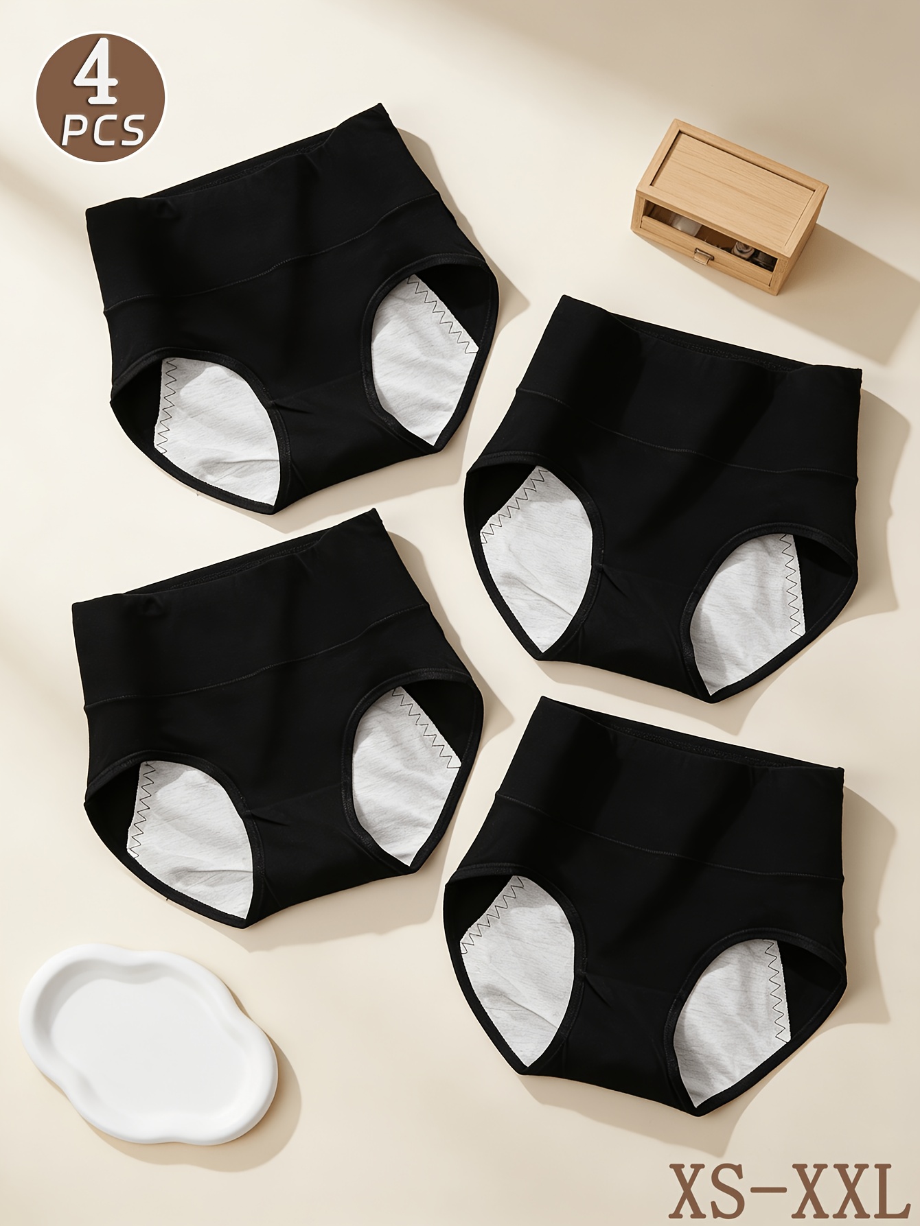 4-Pack Black High-Waist Women's Period Panties, Tummy Control, Butt Lifting, Anti-Leakage, No Crotch Riding or Waist Tightness, Suitable for Home and Commuting During Menstruation