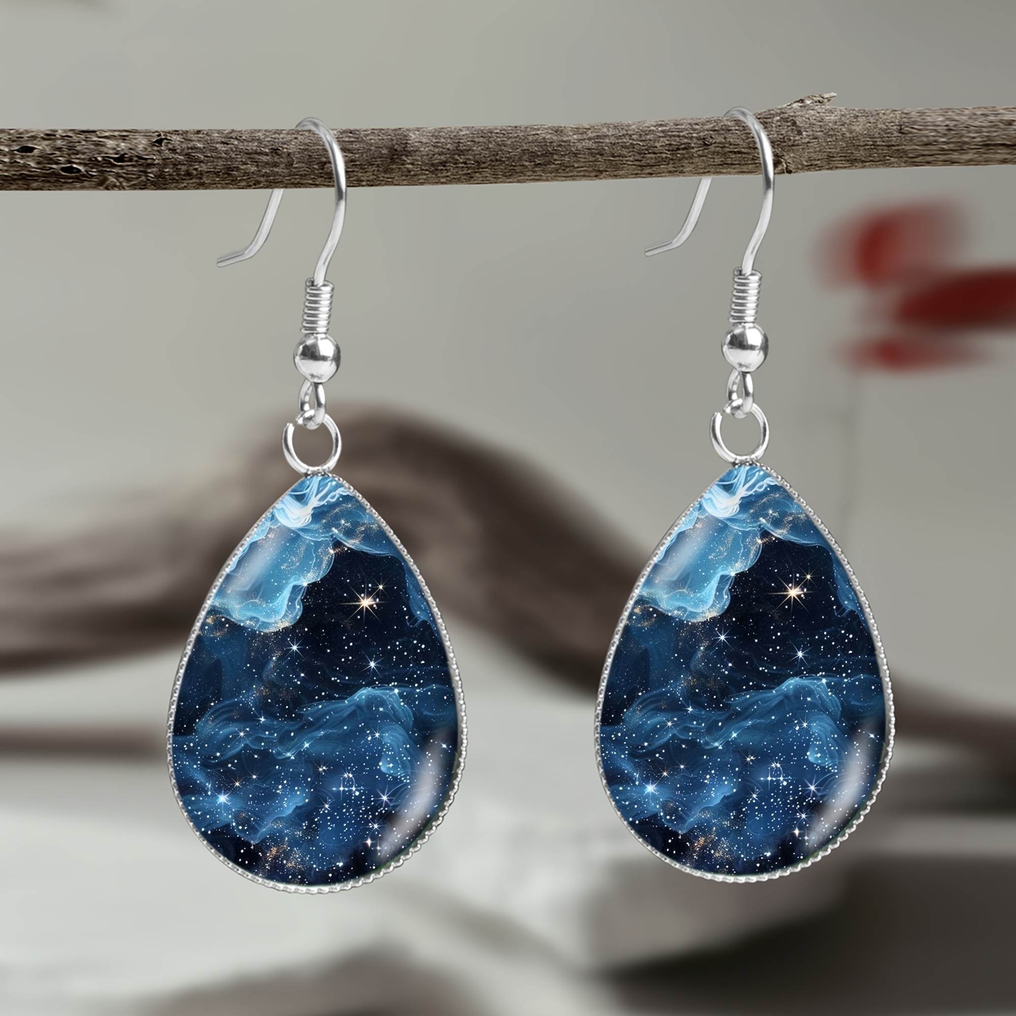 TEMU 1 Paar Tiefblaue Verlauf-Sternenhimmel-Muster 316 Edelstahl Tränenohrringe, Luxuriöser Schmuck Ohraccessoire für Damen Herren, als Geschenk oder