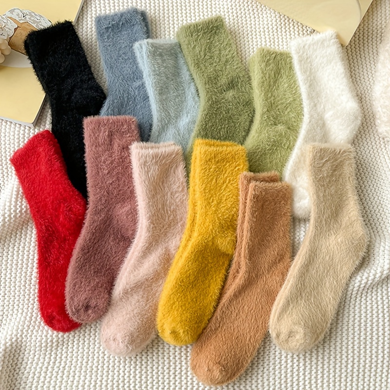 

Women's Cozy Fuzzy Knee-length Socks 5 Pairs - Cotton Blend, Soft Plush Thickened Warm Solid Color Crew Socks For Autumn And Winter