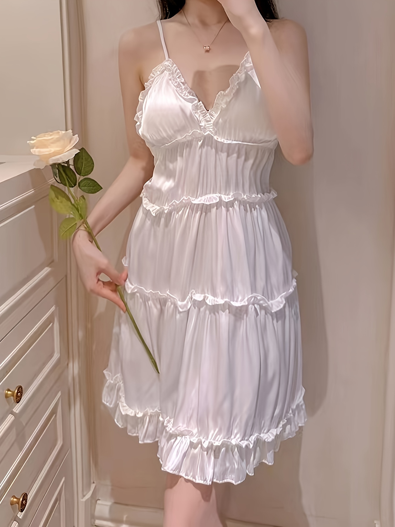 Sexy Solid Ruffle Trim Slip Nightdress V Neck Backless Smock - Temu