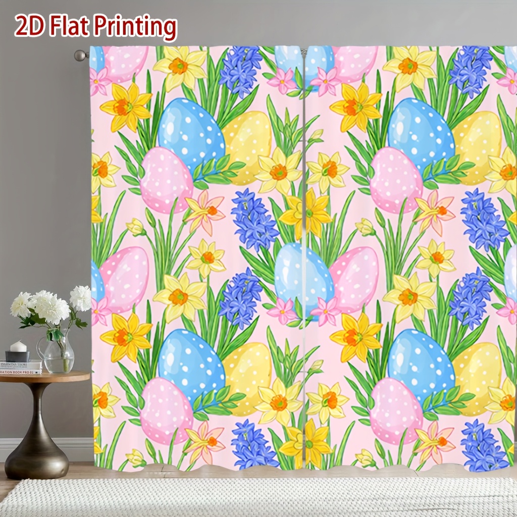 item picture [ Products]2pcs of Colorful Egg Floral Printed Curtains That Softly Filter Light And Ensure Privacy, Designed for Pocket Rod Installation, Suitable for Living Rooms, Kitchens, Bedrooms, Studies, Balconies, Hotels, Restaurants, Apartments