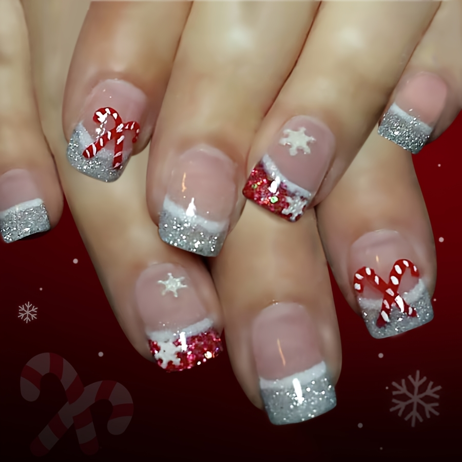 TEMU Christmas Contrast Glitter Press-on Nails 24pcs Christmas Style Snowflake Christmas Cane Square Nails Suitable For Holiday Jelly Glue And Nail