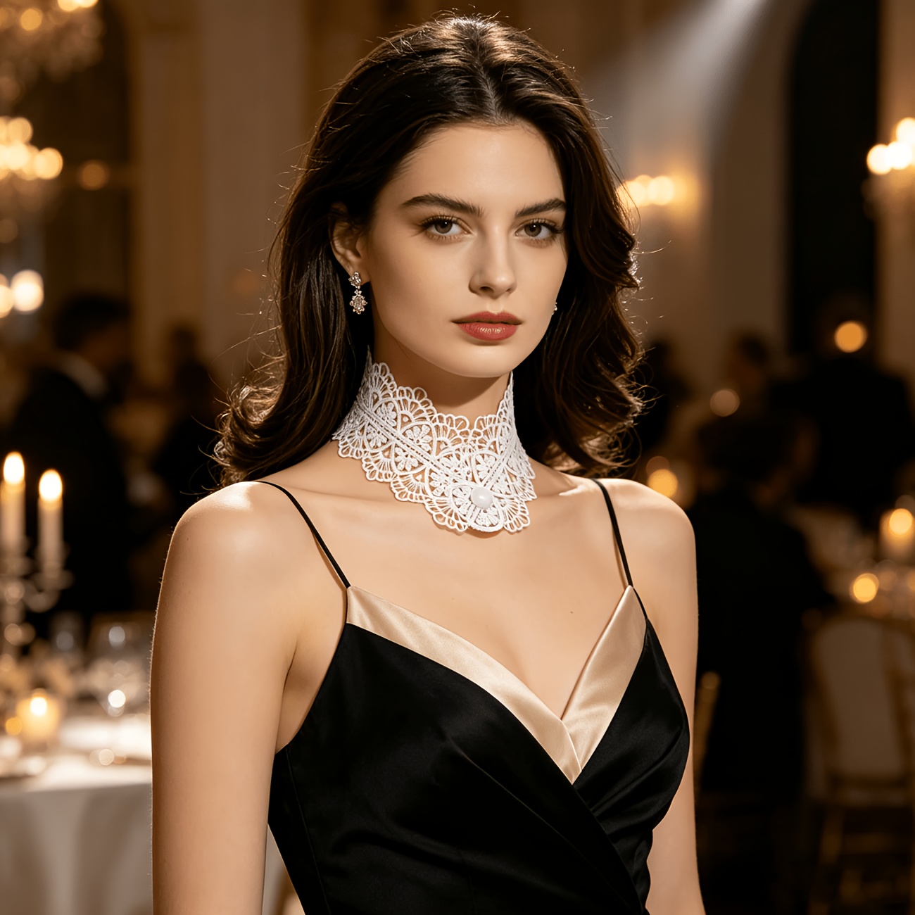 Women's Vintage Openwork Lace Choker with Button Embellishment