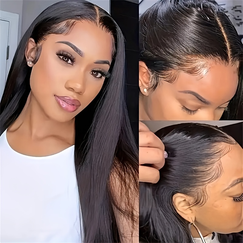 glueless brazilian human hair wig for women 150 density straight 5x5 hd transparent lace front with hairline knots details 2