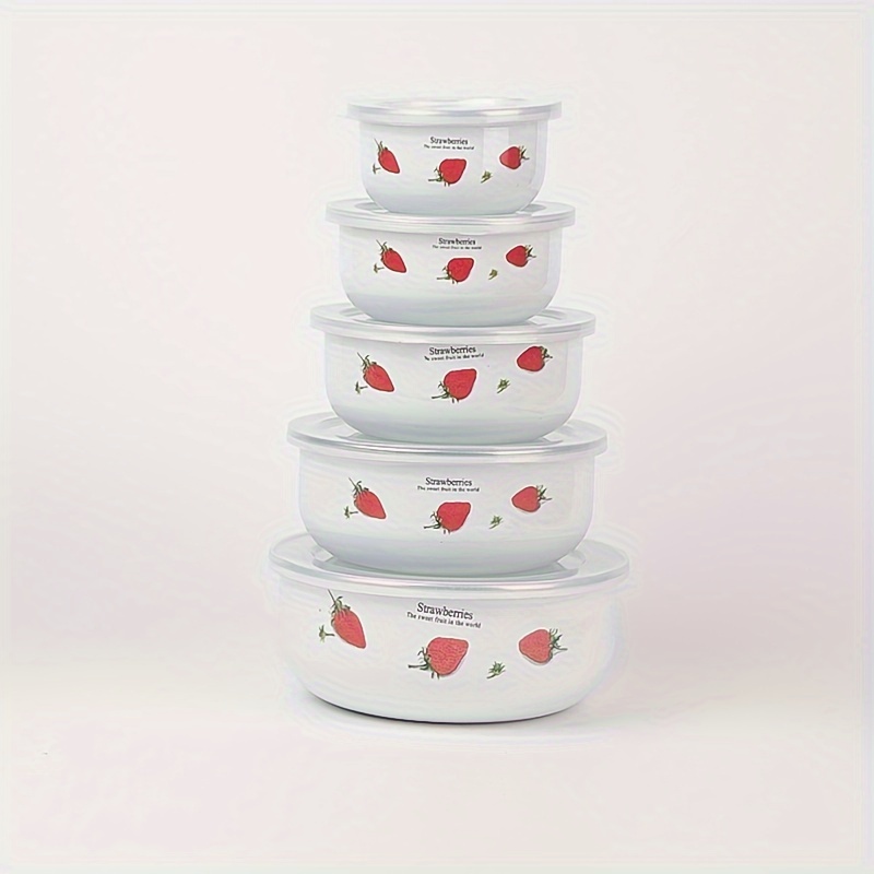 5 piezas de juego de ensaladera de esmalte con delicado diseño floral de fresa/azul, recipientes de almacenamiento de alimentos, utensilios de cocina duraderos, uso doméstico y de picnic