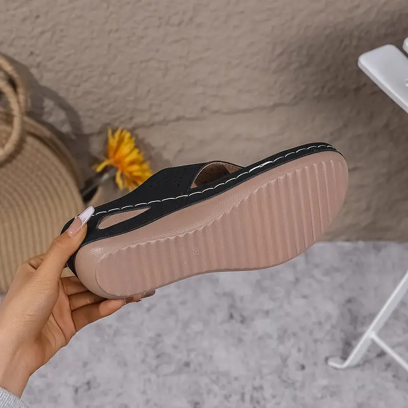 womens fashion slide sandals black cover decor open toe wedge heel casual summer strappy sandals details 7