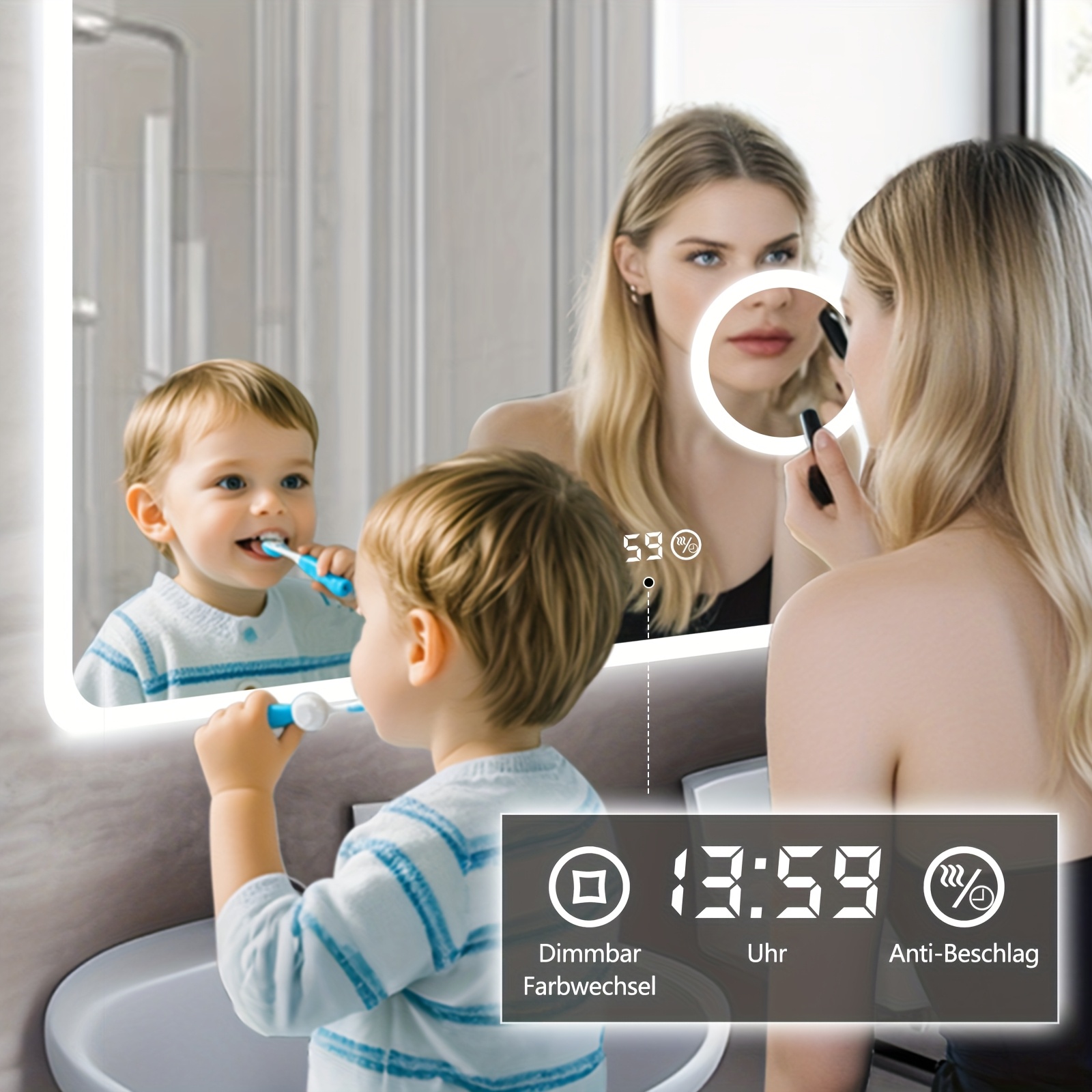 Led Bathroom Mirror With Clock, 3 Colors, Adjustable Brightness, 3x Magnification, Protection Rating, Smart Makeup Mirror