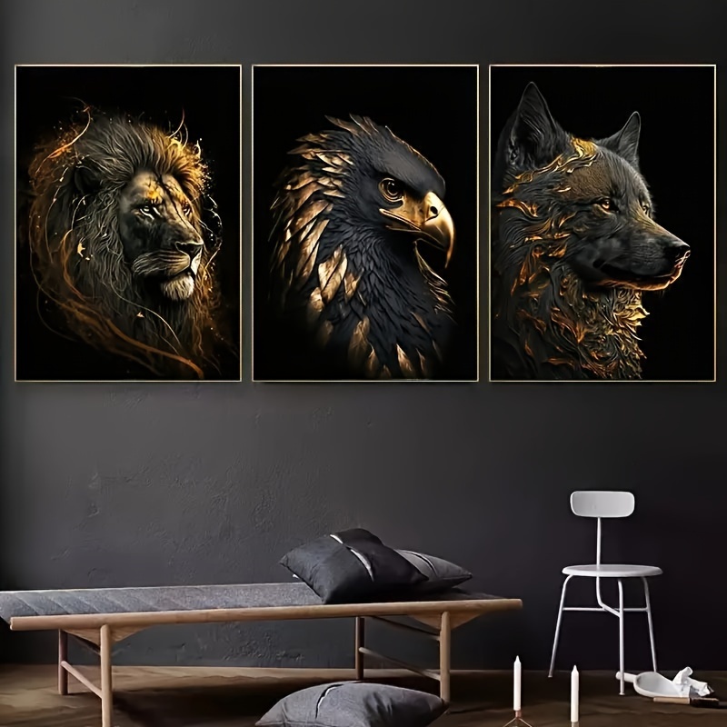 

3-piece Modern Abstract Canvas Art Set - Golden Lion & Eagle Design, Perfect For Bedroom, Living Room, Or Hallway Decor