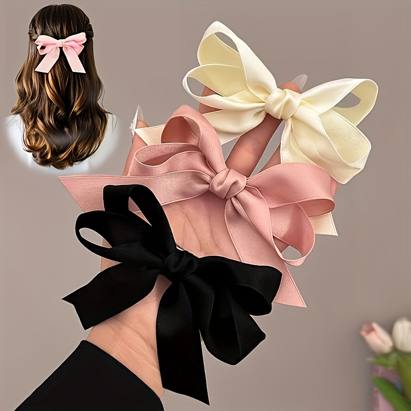 TEMU 3pcs Elegant Satin Bow Hair Clips In Beige, – Cute Side Clips For Ponytails And Updos, Casual Or Stylish Outfits, Stylish Updos | Fashionable Hair Clips | Satin Bow Clips