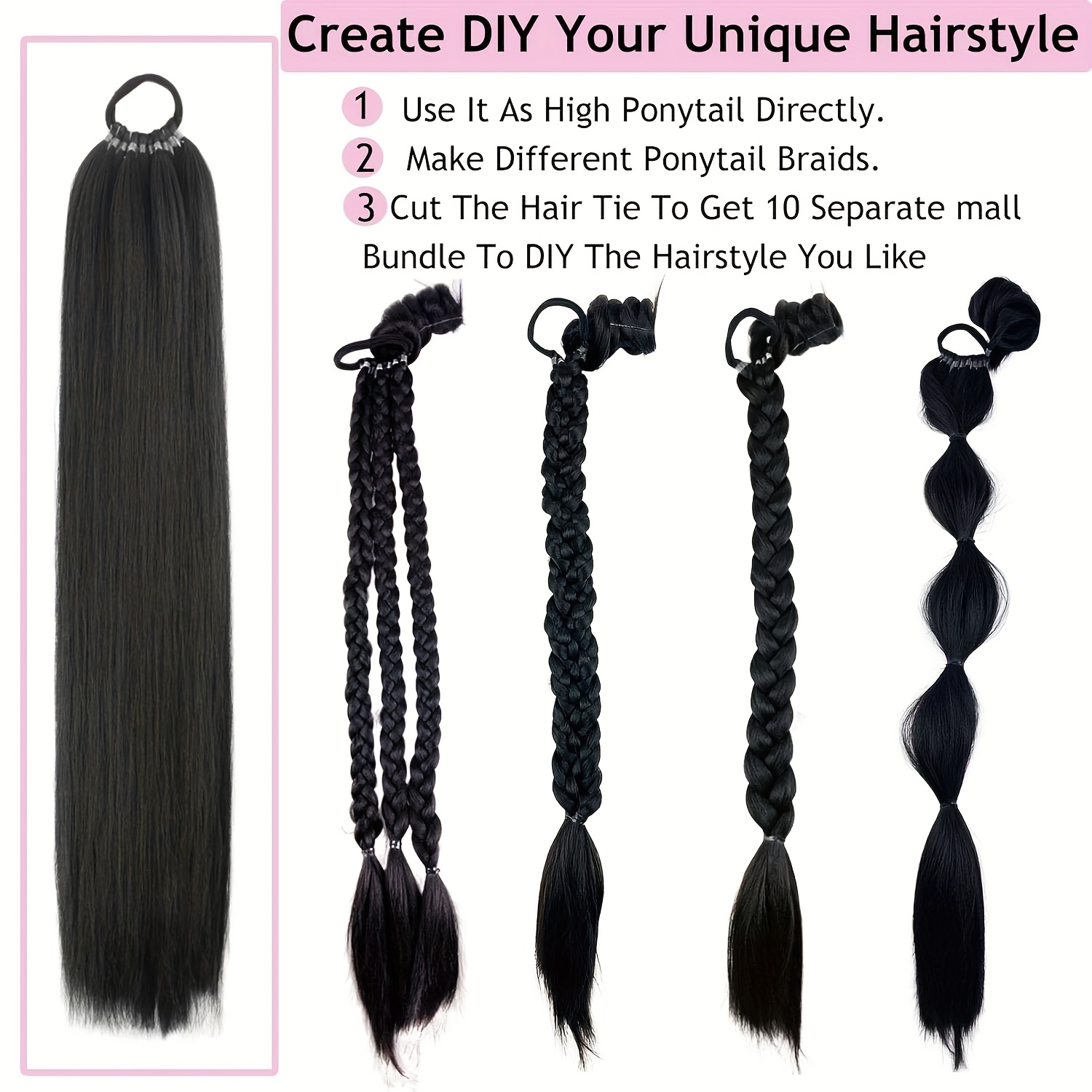 24 inch   straight braiding hair ponytail extension wrap around long straight ponytail with versatile elastic bands for women high temperature fiber   hair extension for women details 7