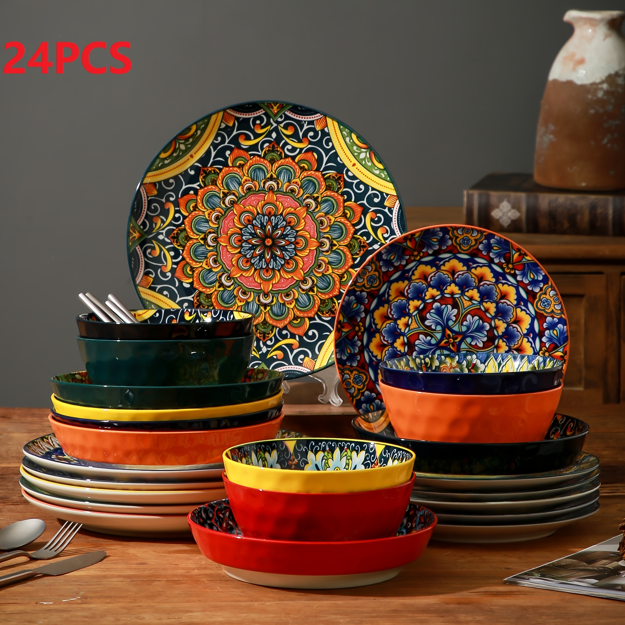 TEMU Bohemian Tableware Set, 6pcs Dinner Plate, 6pcs Bowl Set, 16/18pcs Dinnerware Set, 24pcs Tableware Set, Including 10.5-inch Dinner Plate,