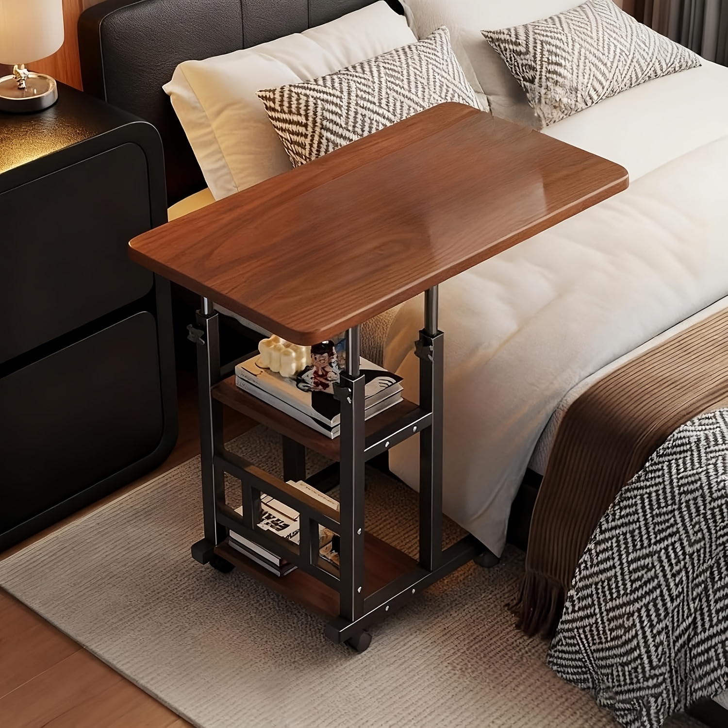 Image of Overbed Table With Wheels Adjustable Height, Heavy Duty Metal Leg Bedside Table, Side Computer Workstation, For Bedroom In Use (brown, 80 X 40cm/31 X 15in)
