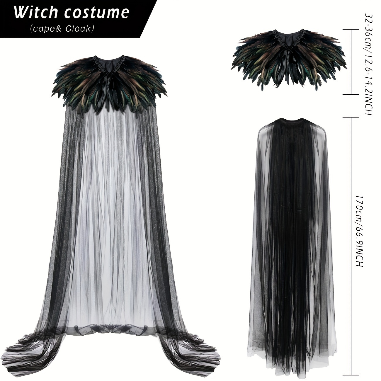 L'VOW Evil Queen Witch Costume - Halloween Cosplay with Feathered Cape, Long Robe & Shawl - Funky Polyester Masquerade Outfit, L'VOW details 1