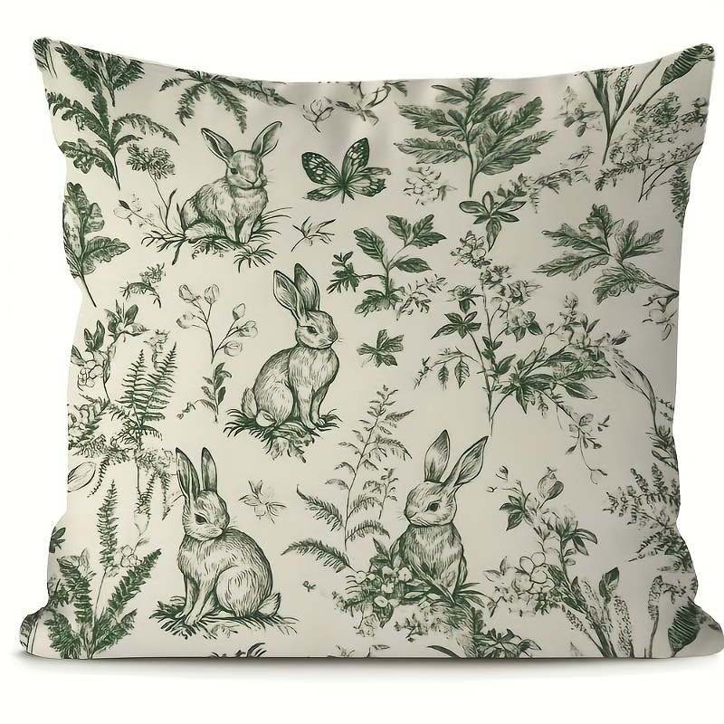 TEMU 1pc Green Rabbit And Floral Short Plush Pillowcase, 17.7 Inches × 17.7 Inches, Pillow Insert Not Included, Single-sided Print. Suitable For Room