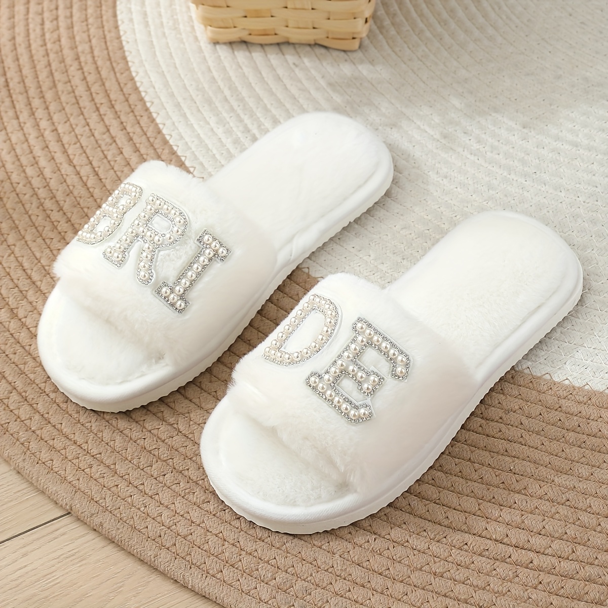Image of Elegant Ladies Pearl Letter Bride Decoration Flat Slippers Autumn And Wear Outer Wear Open Toe Slippers Wedding Party Plush Slippers, Women Shoes
