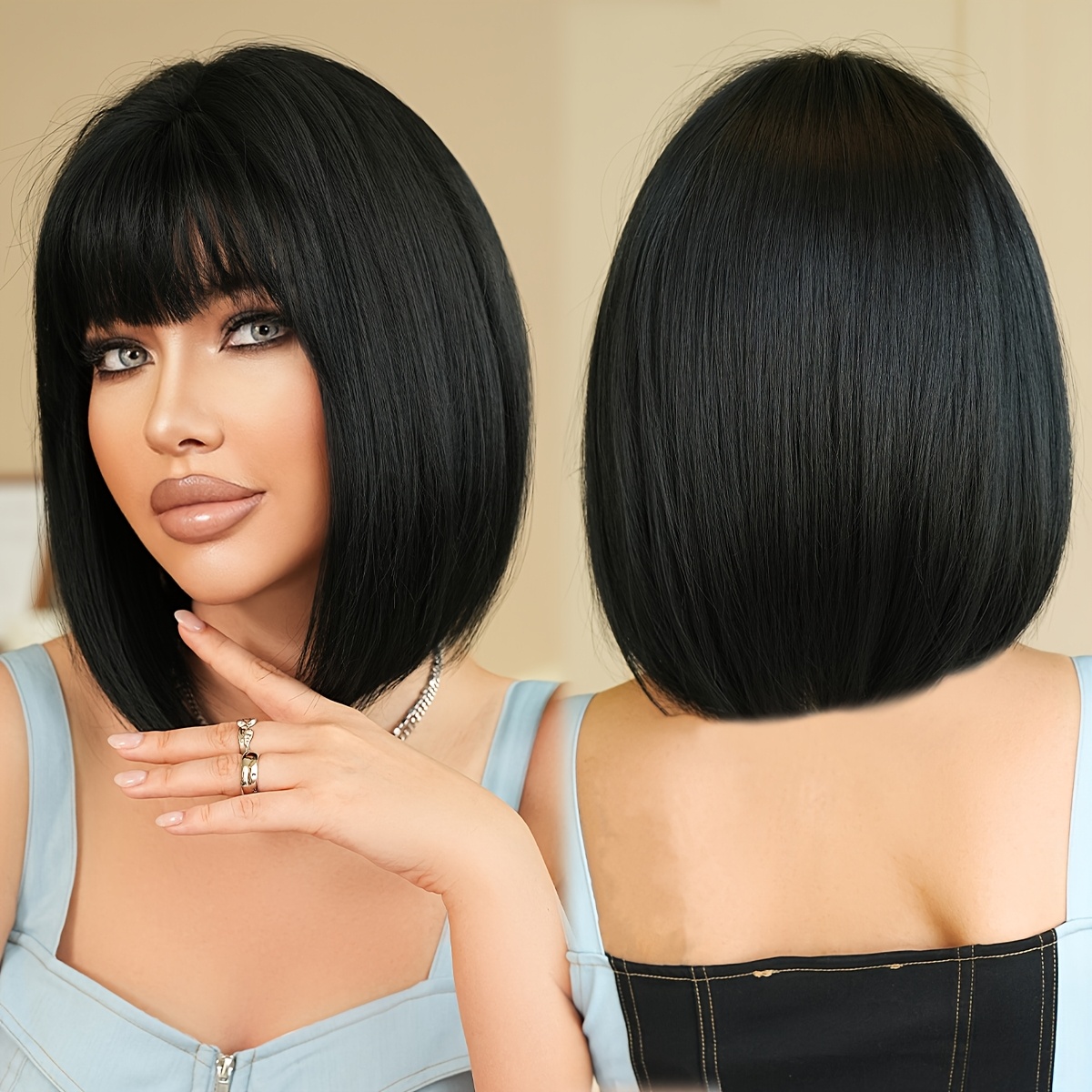 regular bob wig short straight black hair with bangs high density heat resistant synthetic wig for women suitable for daily and party use