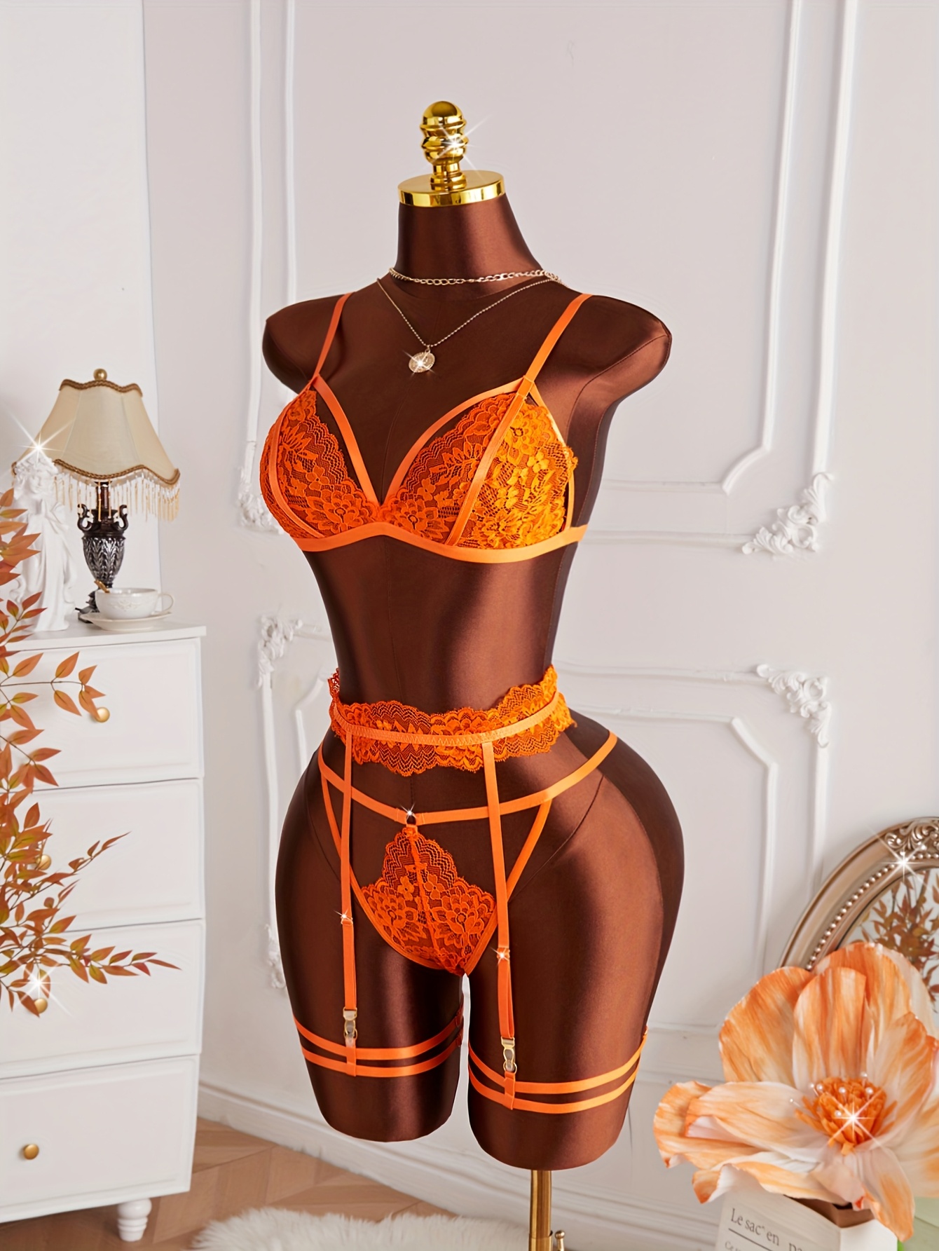 5pcs * Solid Color Lace Lingerie Set, Deep V Camisole Bra Panty Set with  Lace Garter Belt And Leg Rings, Women'S *