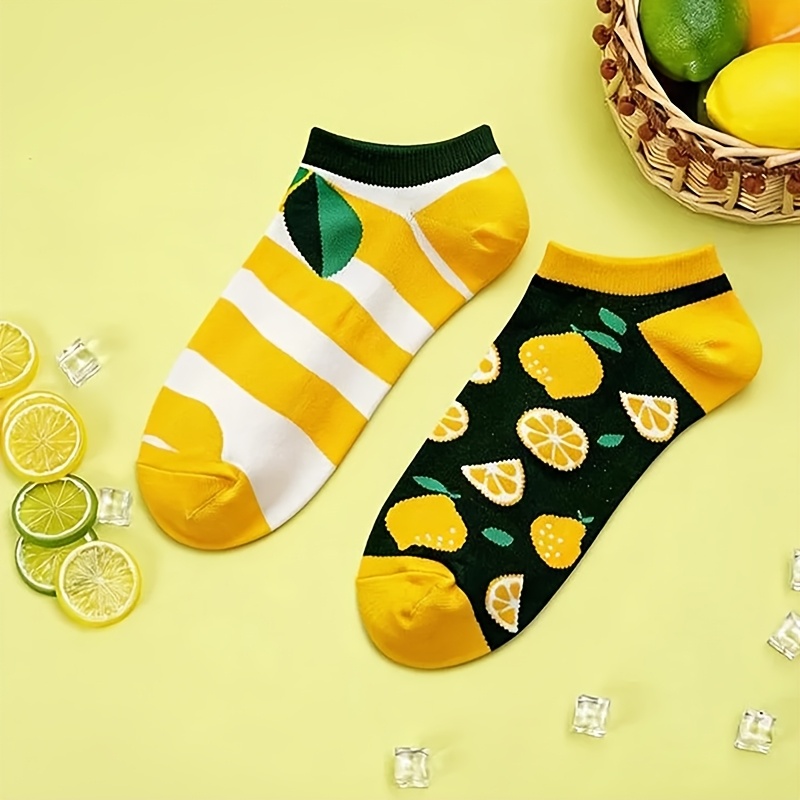 1 Pair Summer Fruit Lemon Invisible Socks, Individual Striped Lemon Design, Comfortable Soft Short Socks For Women