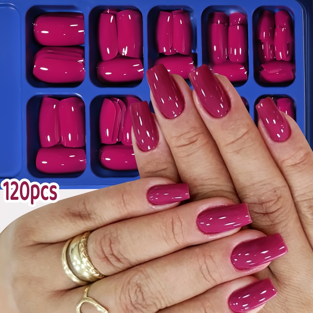TEMU 120pcs/box Short Square Press On Nails, 10 Sizes Glossy Magenta Fake Nails, Full Cover Acrylic False Nails, Solid Color Stick On Nails, Reusable
