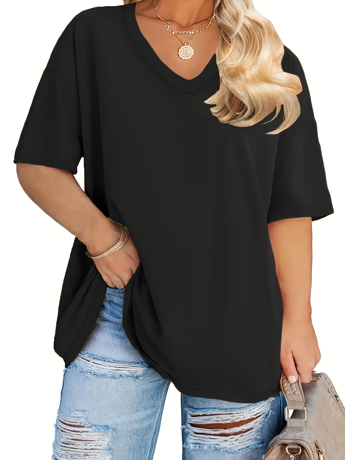 Women'S Plus Size Casual V-Neck T-Shirt, Polyester 95.0% Spandex 5.0%, Solid Color Knit Fabric, Retro Vacation Style Short Sleeve Tee for Spring/Summer, Ladies T Shirts
